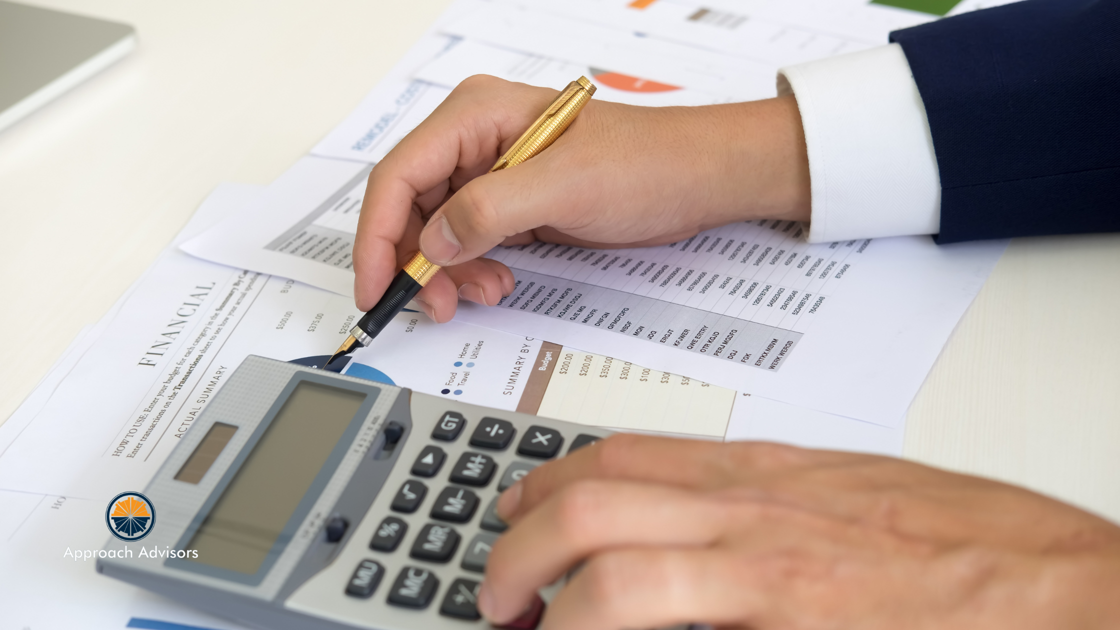 Close-up of a professional analyzing financial reports and using a calculator, highlighting the importance of effectively managing and evaluating business assets and finances for successful exit planning.